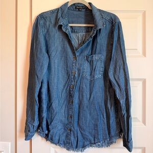 Worn once! Denim Button-Up Shirt with raw hem. XL